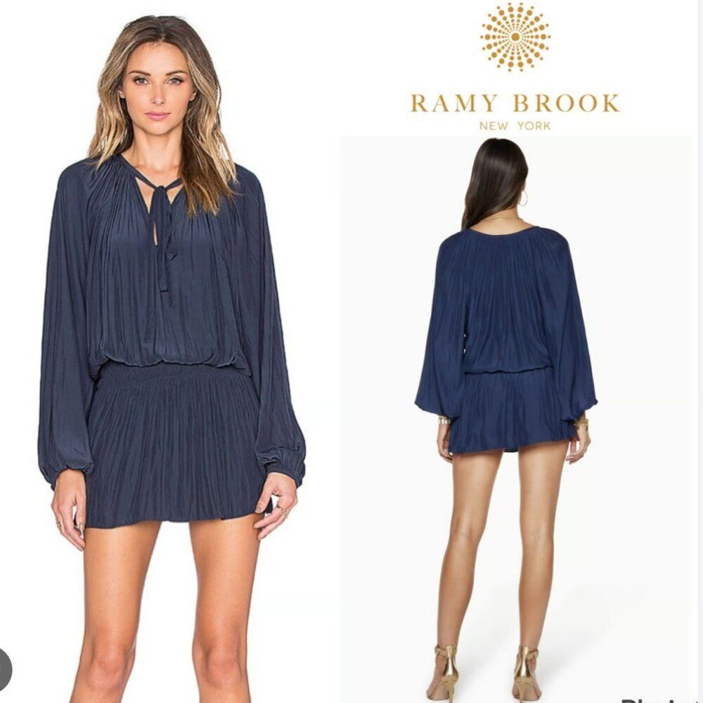 Ramy Brook Women's Paris Long Sleeve Tie Neck Slate Blue Dress Size Small